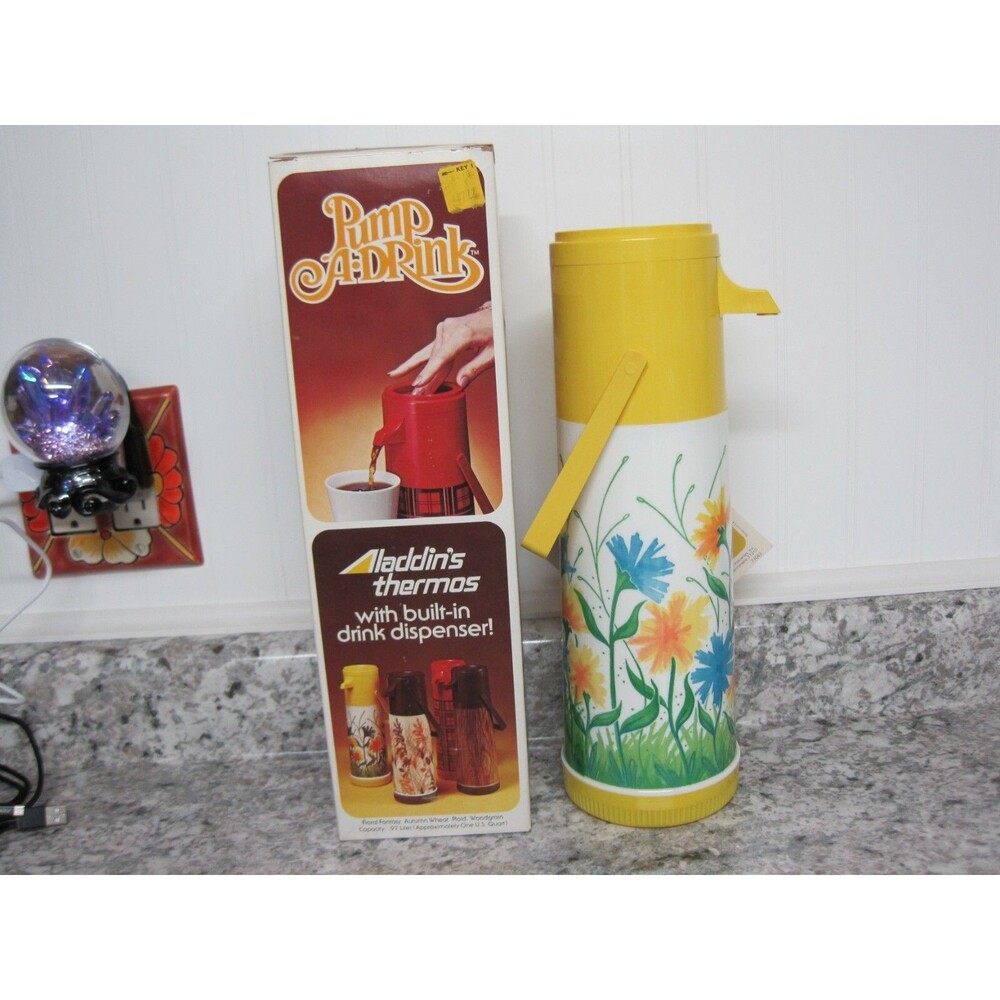 Vintage Aladdin Pump a Drink Dispenser Yellow Floral Thermos New Old Stock